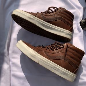 Brown leather hi top Vans